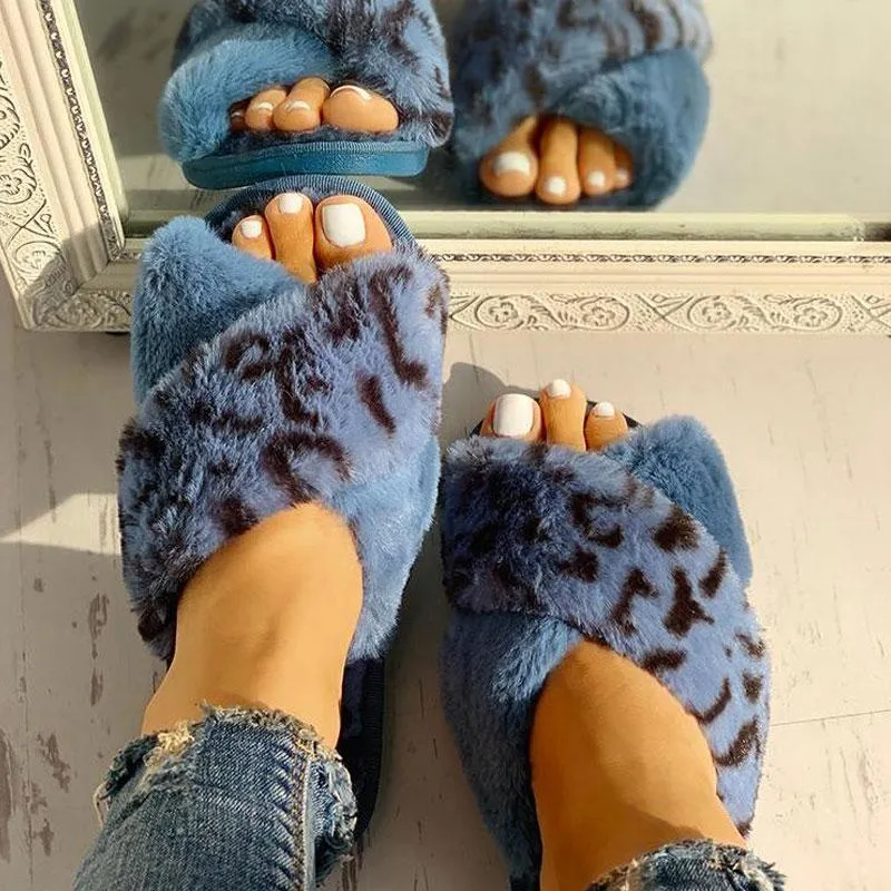 Fluffy Leopard Crisscross Peep Toe Slippers