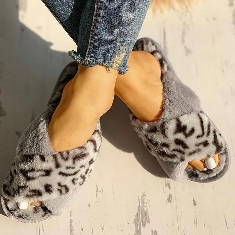 Fluffy Leopard Crisscross Peep Toe Slippers