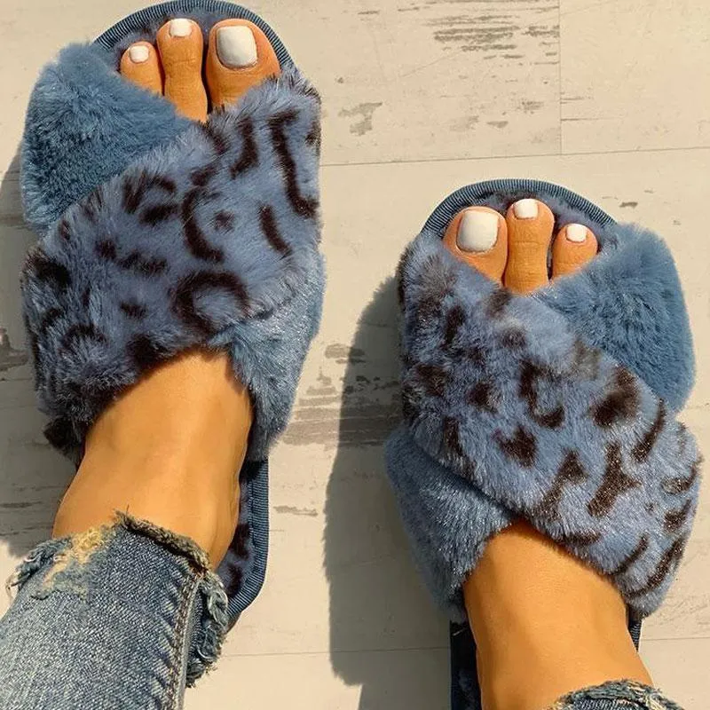 Fluffy Leopard Crisscross Peep Toe Slippers
