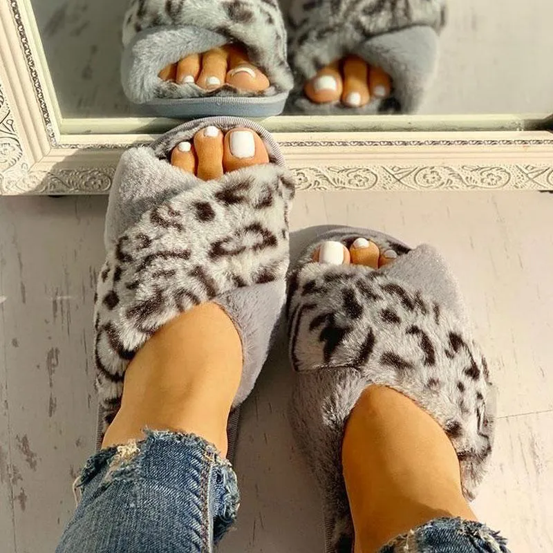 Fluffy Leopard Crisscross Peep Toe Slippers