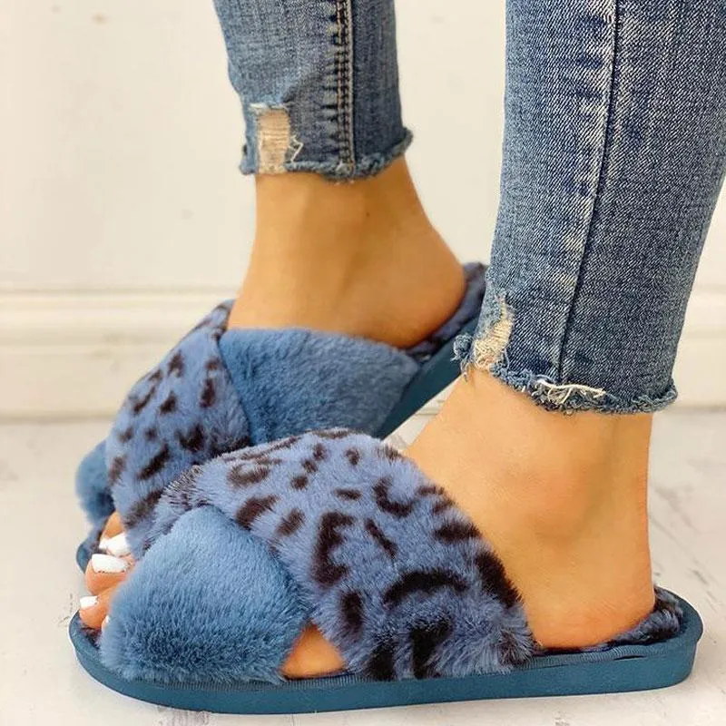 Fluffy Leopard Crisscross Peep Toe Slippers