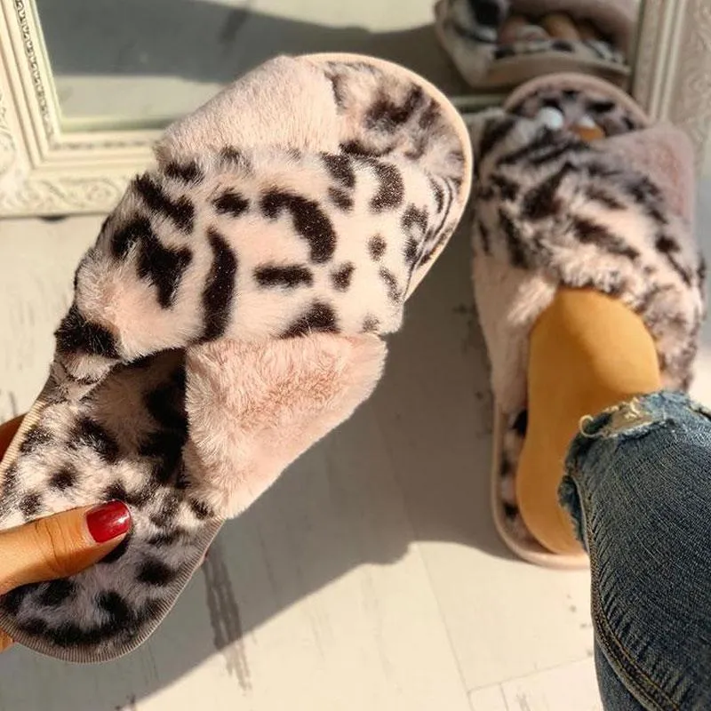 Fluffy Leopard Crisscross Peep Toe Slippers