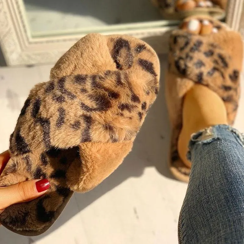 Fluffy Leopard Crisscross Peep Toe Slippers