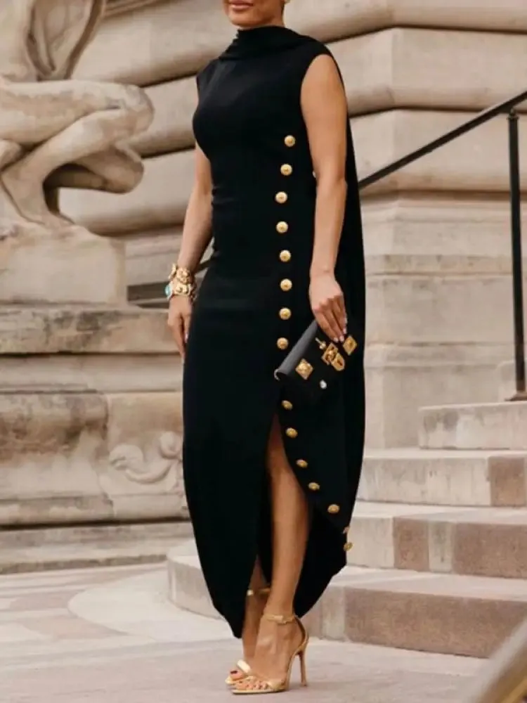 Freeacy Summer Solid Color High Neck Sleeveless Evening Dress