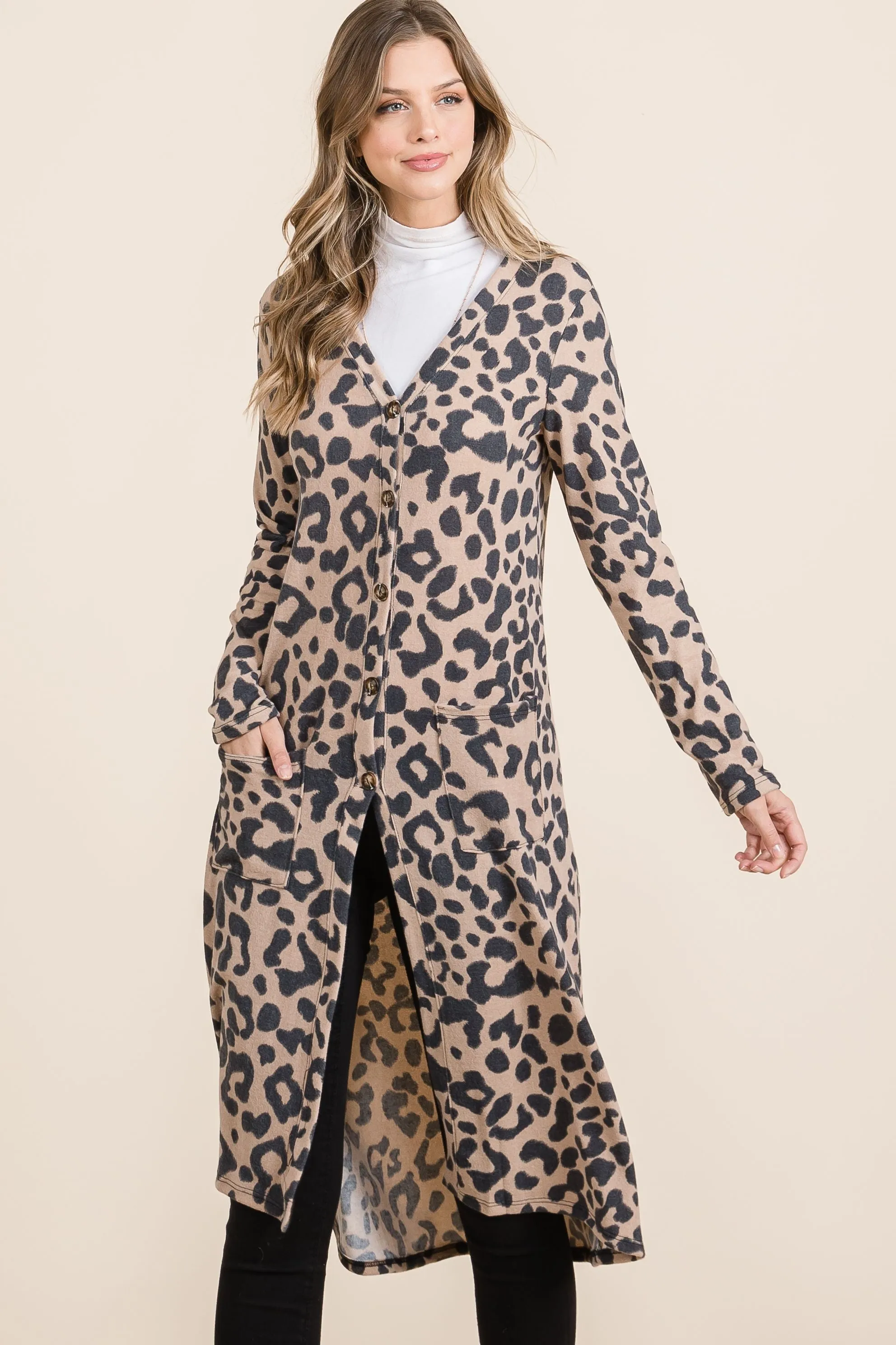 Full Size Leopard V-Neck Long Sleeve Cardigan