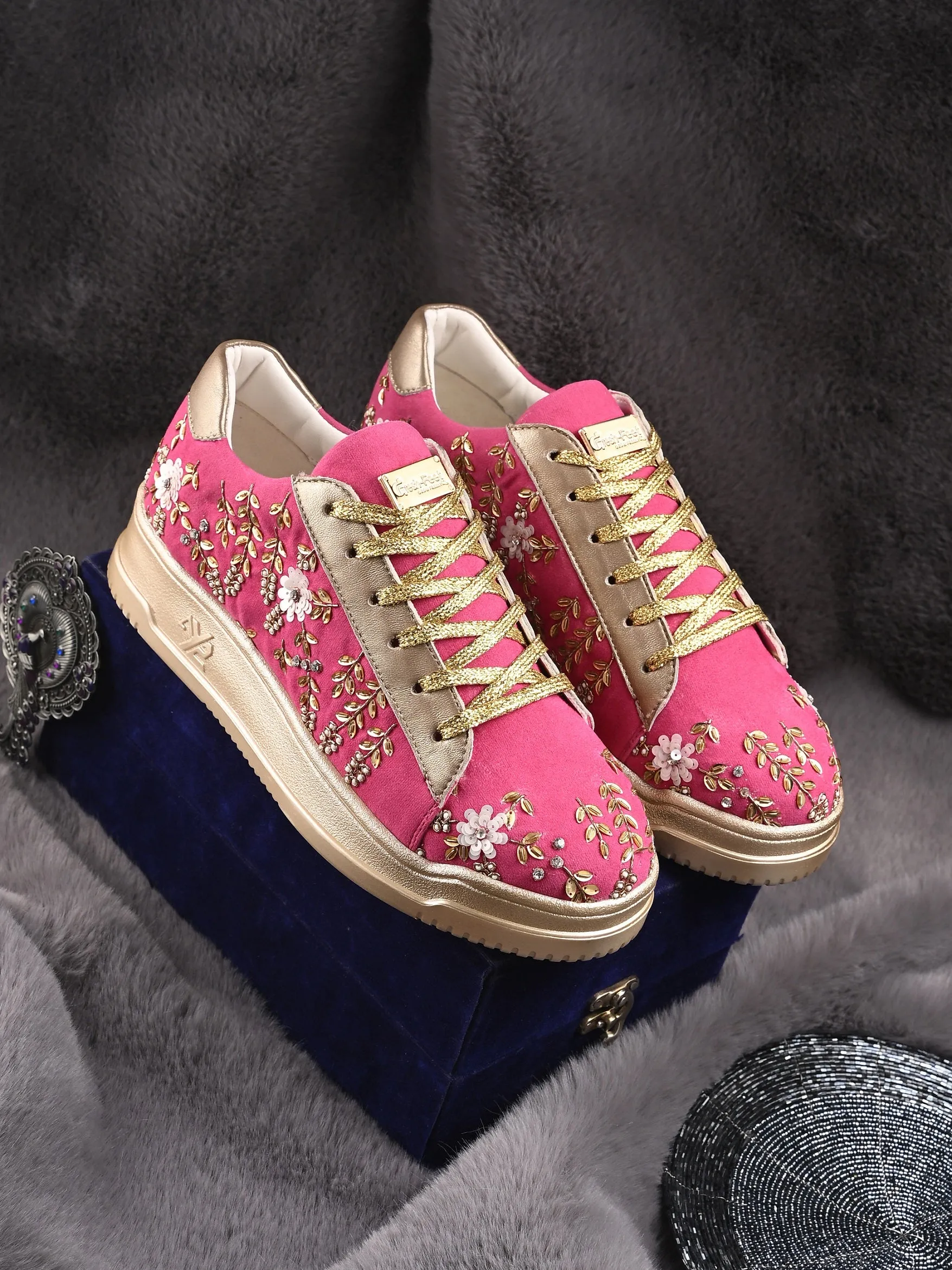 Fuscia Embroidered Customized Ethnic Sneakers