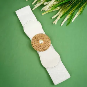 Gold Round Mesh Buckle White Belt