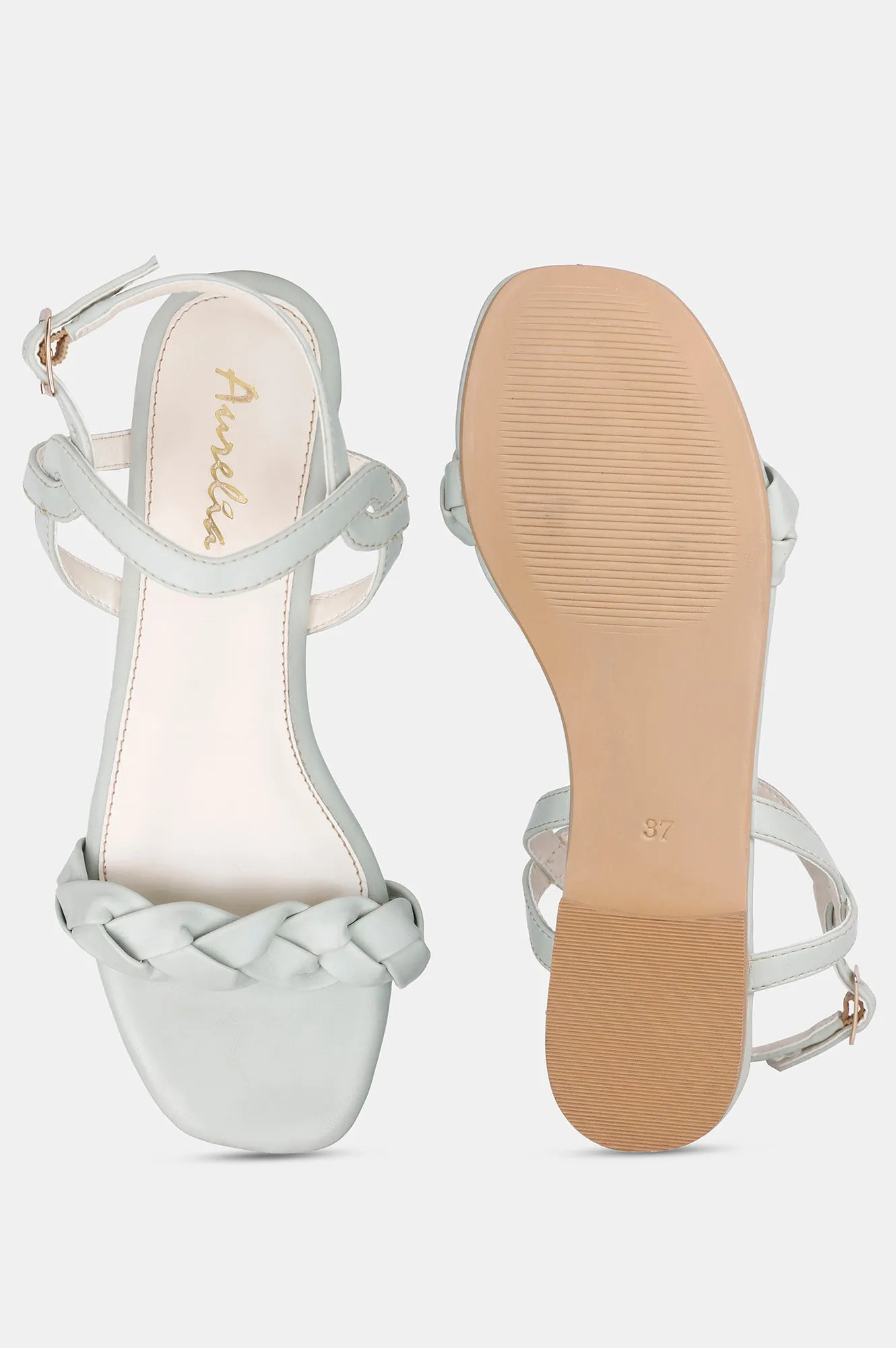 Green Square Toe Woven Design Flat - Zjanice
