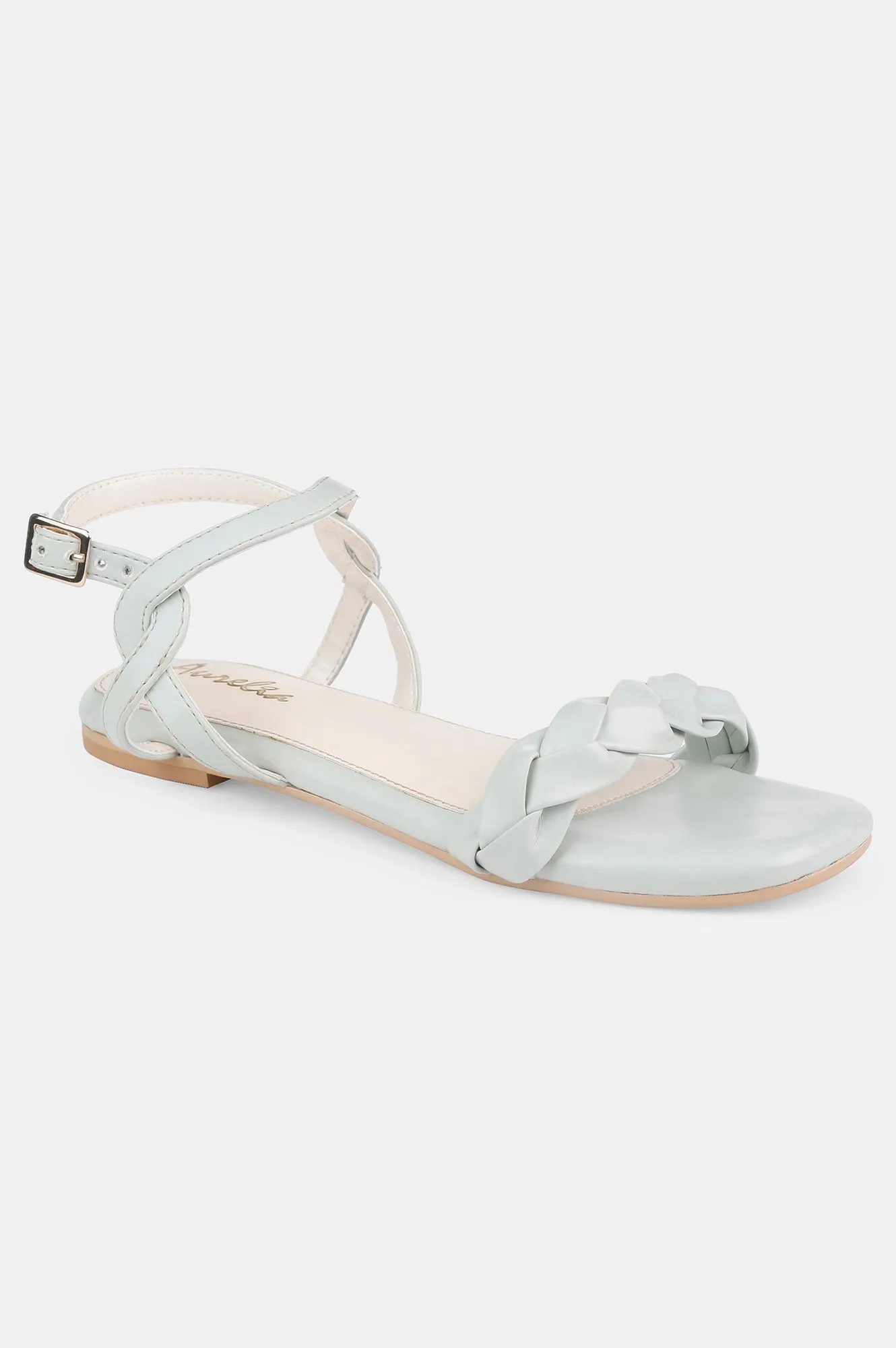 Green Square Toe Woven Design Flat - Zjanice
