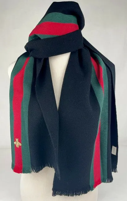 Gucci Black Wool Cashmere Silk Long Scarf with BRB Web and Bee
