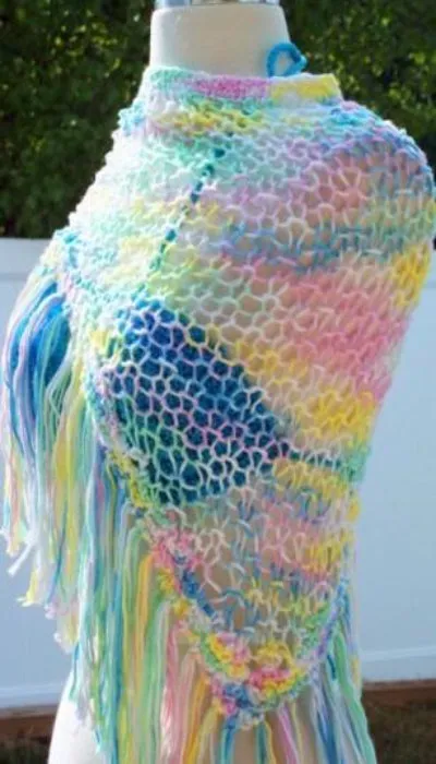 Hand knit shawl, cotton shawl, variegated colors, The rainbow shawl