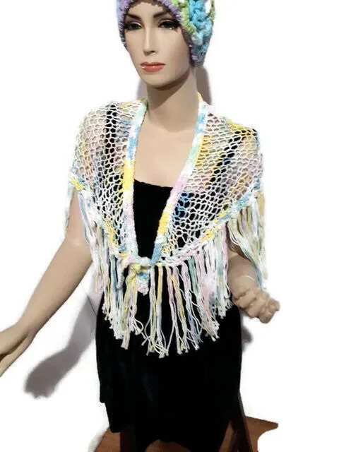 Hand knit shawl, cotton shawl, variegated colors, The rainbow shawl
