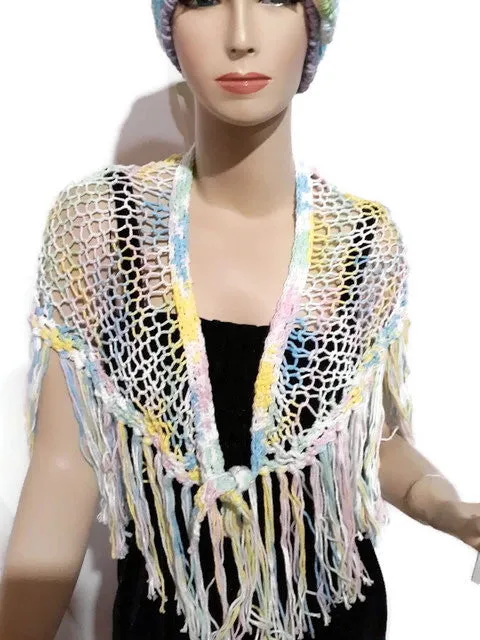 Hand knit shawl, cotton shawl, variegated colors, The rainbow shawl