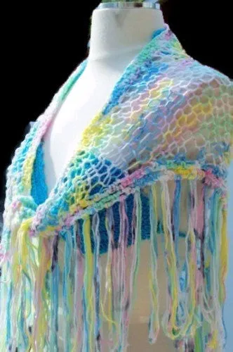 Hand knit shawl, cotton shawl, variegated colors, The rainbow shawl