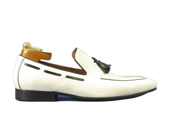 Handmade White Leather Tassel Loafers for Men