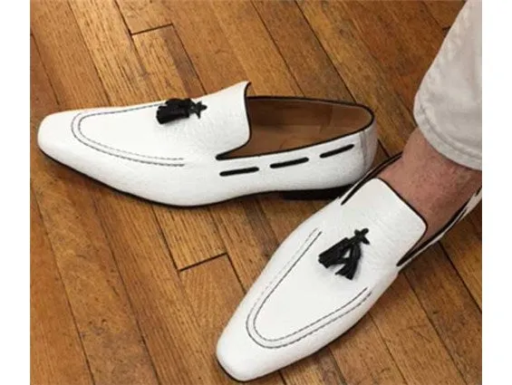 Handmade White Leather Tassel Loafers for Men