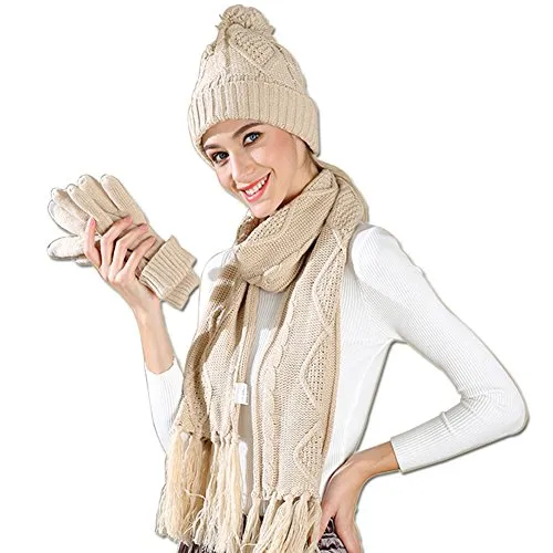 Hat Glove Scarf Set Women, 3 in 1 Beanie Hat and Scarf Winter Set Knit Warm Winter Gift Set for Women Girls (Beige)
