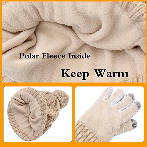 Hat Glove Scarf Set Women, 3 in 1 Beanie Hat and Scarf Winter Set Knit Warm Winter Gift Set for Women Girls (Beige)