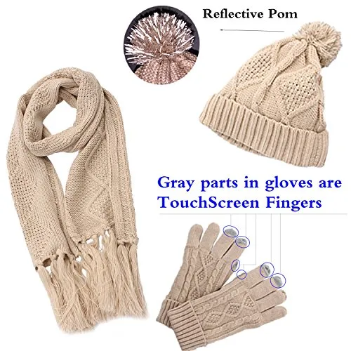 Hat Glove Scarf Set Women, 3 in 1 Beanie Hat and Scarf Winter Set Knit Warm Winter Gift Set for Women Girls (Beige)
