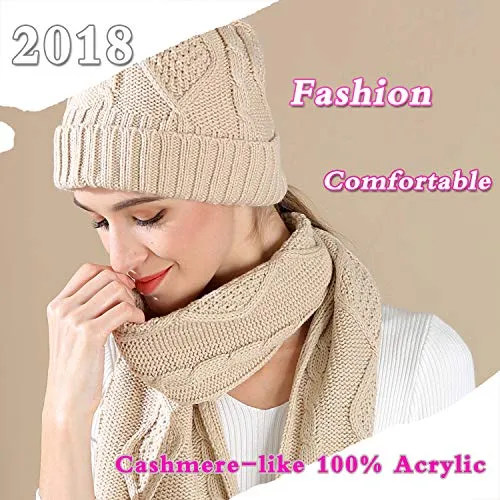 Hat Glove Scarf Set Women, 3 in 1 Beanie Hat and Scarf Winter Set Knit Warm Winter Gift Set for Women Girls (Beige)
