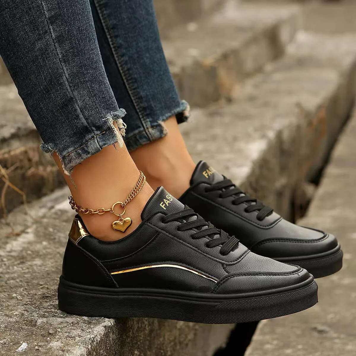 Hazel Blues® |  PU Leather Round Toe Flat Sneakers