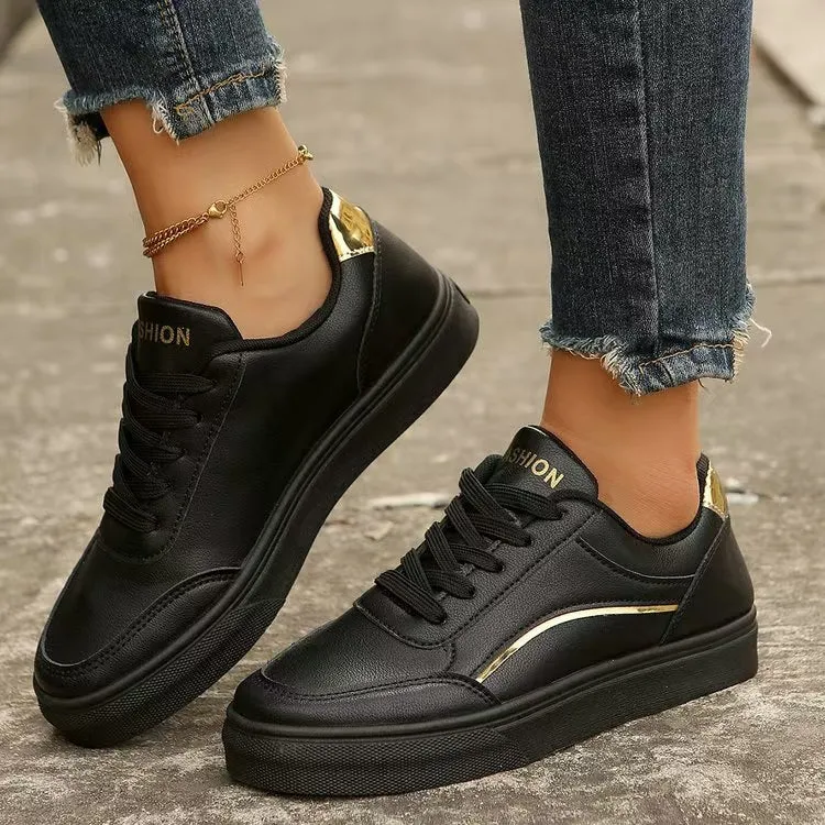 Hazel Blues® |  PU Leather Round Toe Flat Sneakers