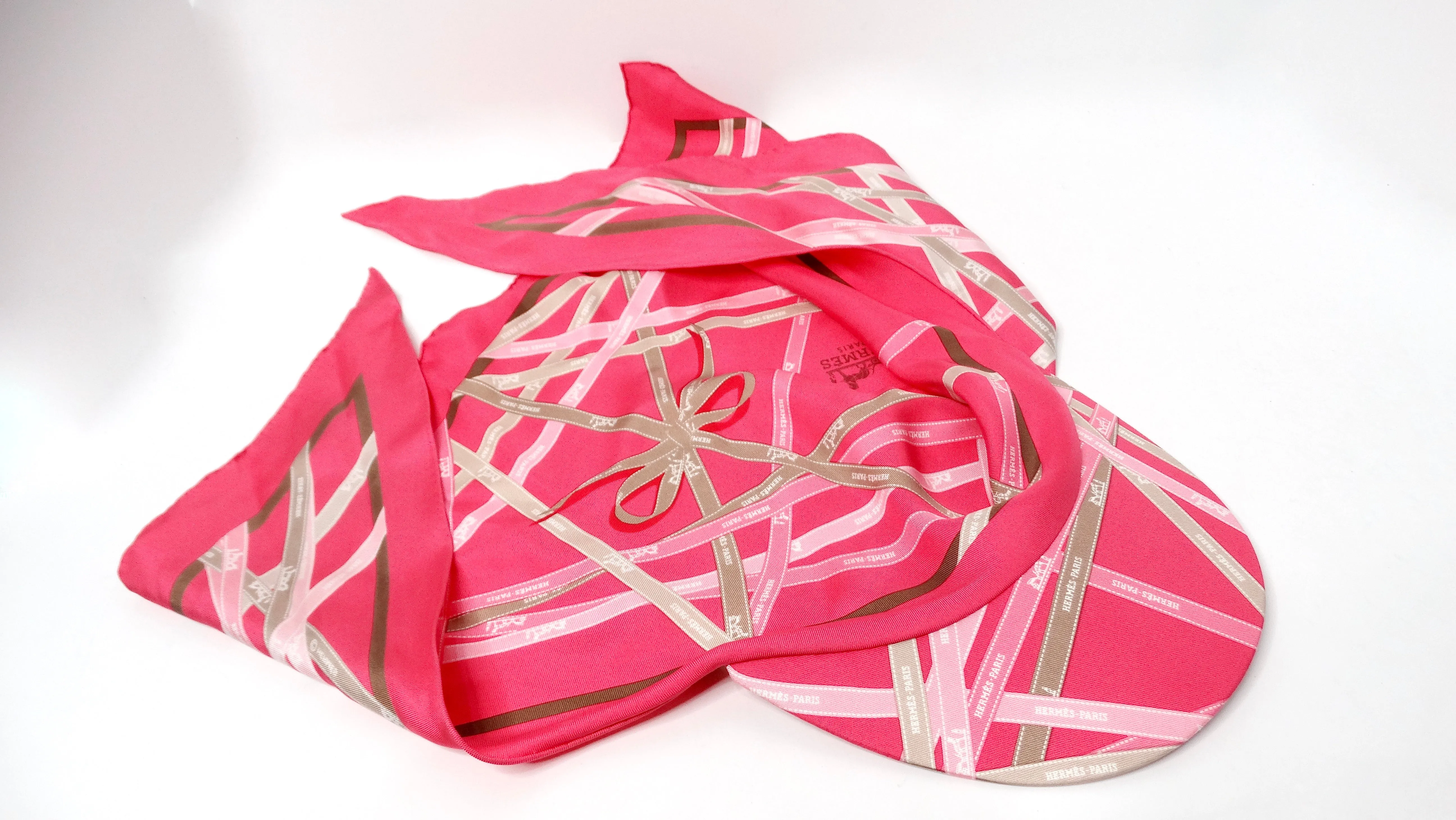 Hermes Pink Stripe Ribbon Motif Silk Scarf Hat