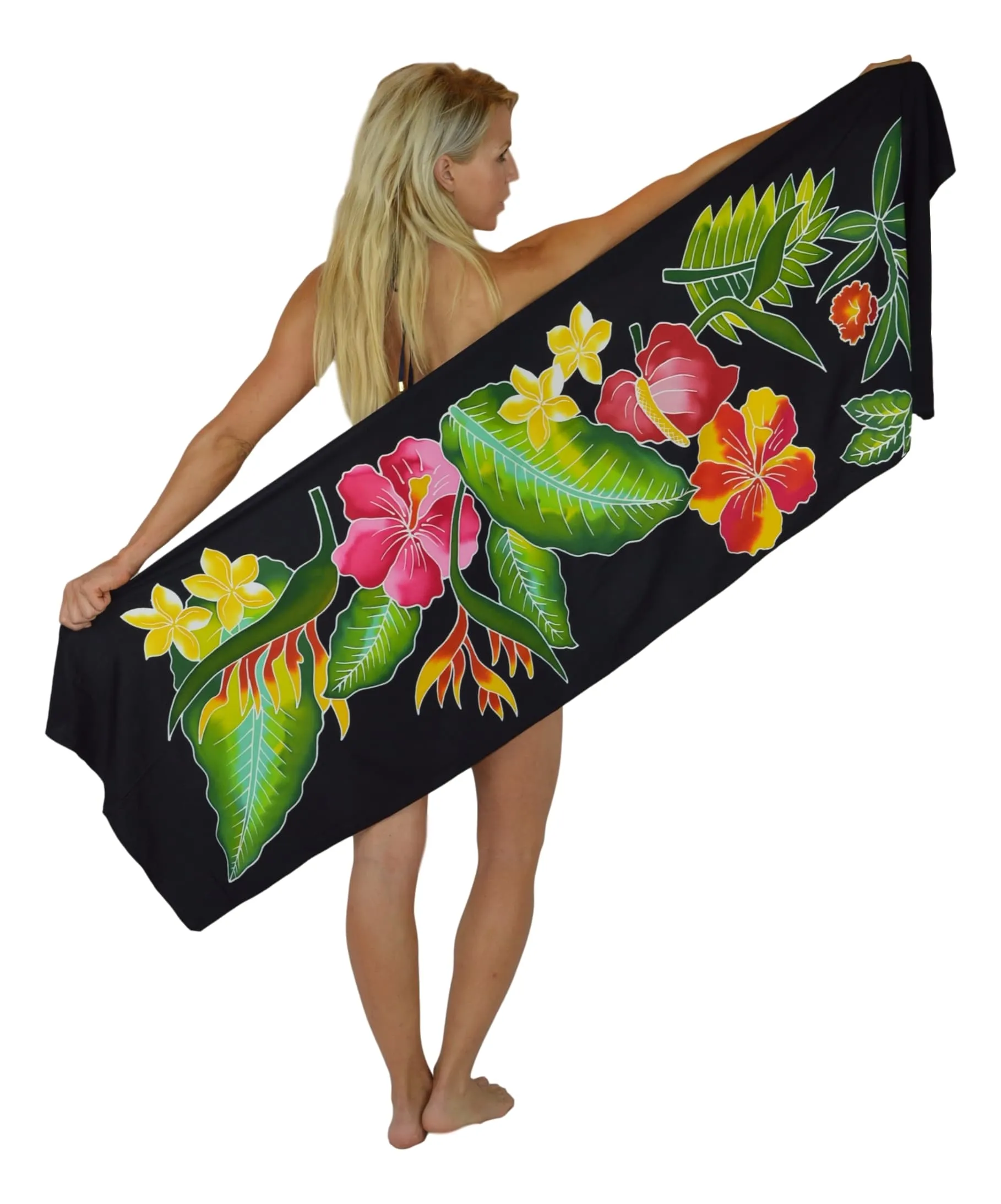 Island Style - Batik Half Size Sarong - Black with Tropical Bouquet & Ginger