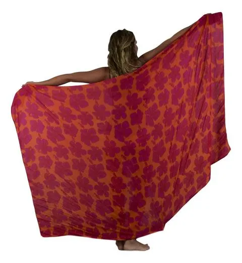 Island Style - Full Sarong - Hibiscus - Red / Background -Orange