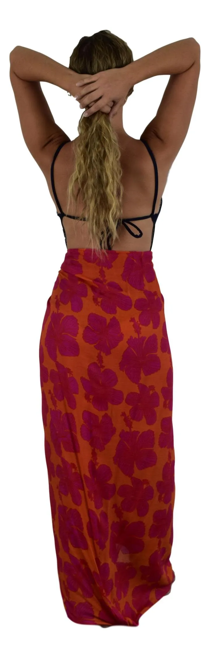 Island Style - Full Sarong - Hibiscus - Red / Background -Orange