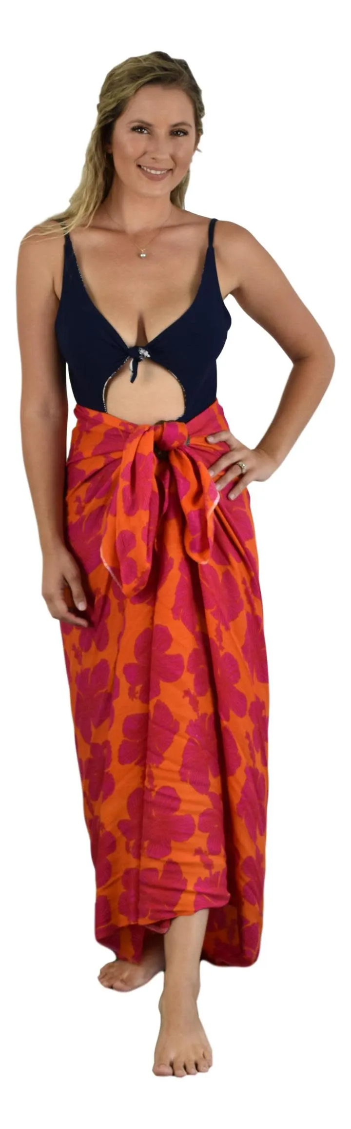 Island Style - Full Sarong - Hibiscus - Red / Background -Orange