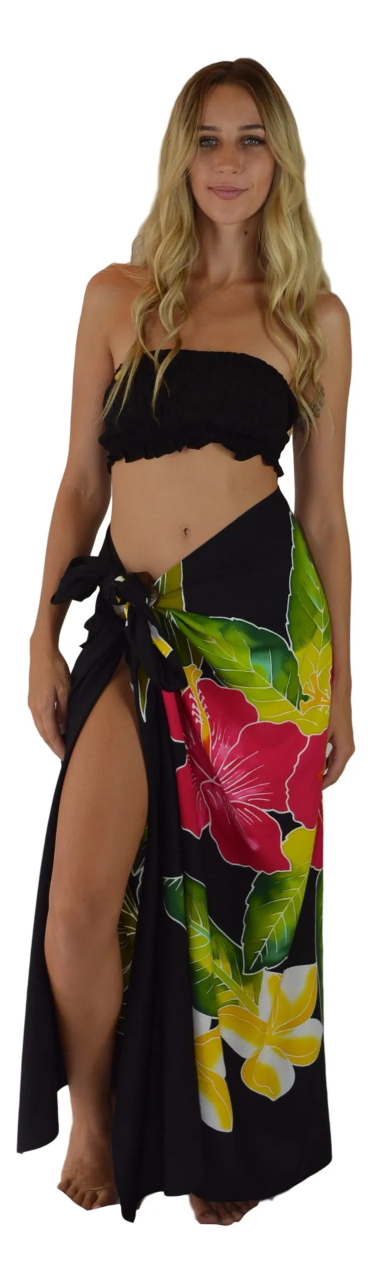 Island Style - Hand-Painted Batik Sarong - Full-Size (48" x 72") - Hibiscus - Black