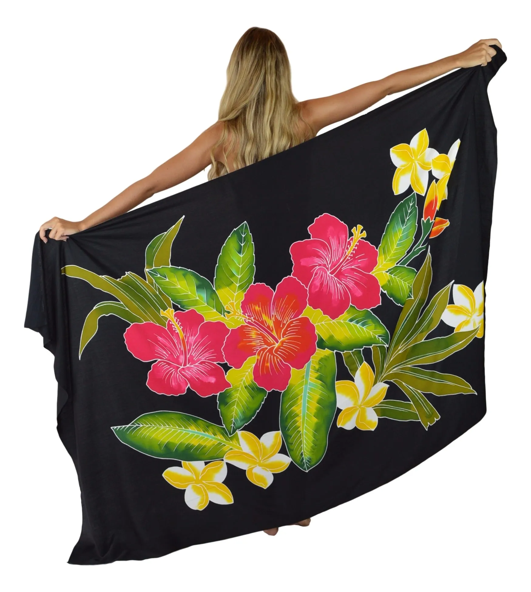 Island Style - Hand-Painted Batik Sarong - Full-Size (48" x 72") - Hibiscus - Black