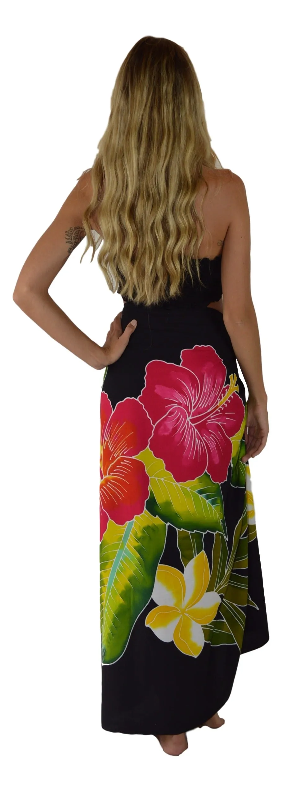 Island Style - Hand-Painted Batik Sarong - Full-Size (48" x 72") - Hibiscus - Black