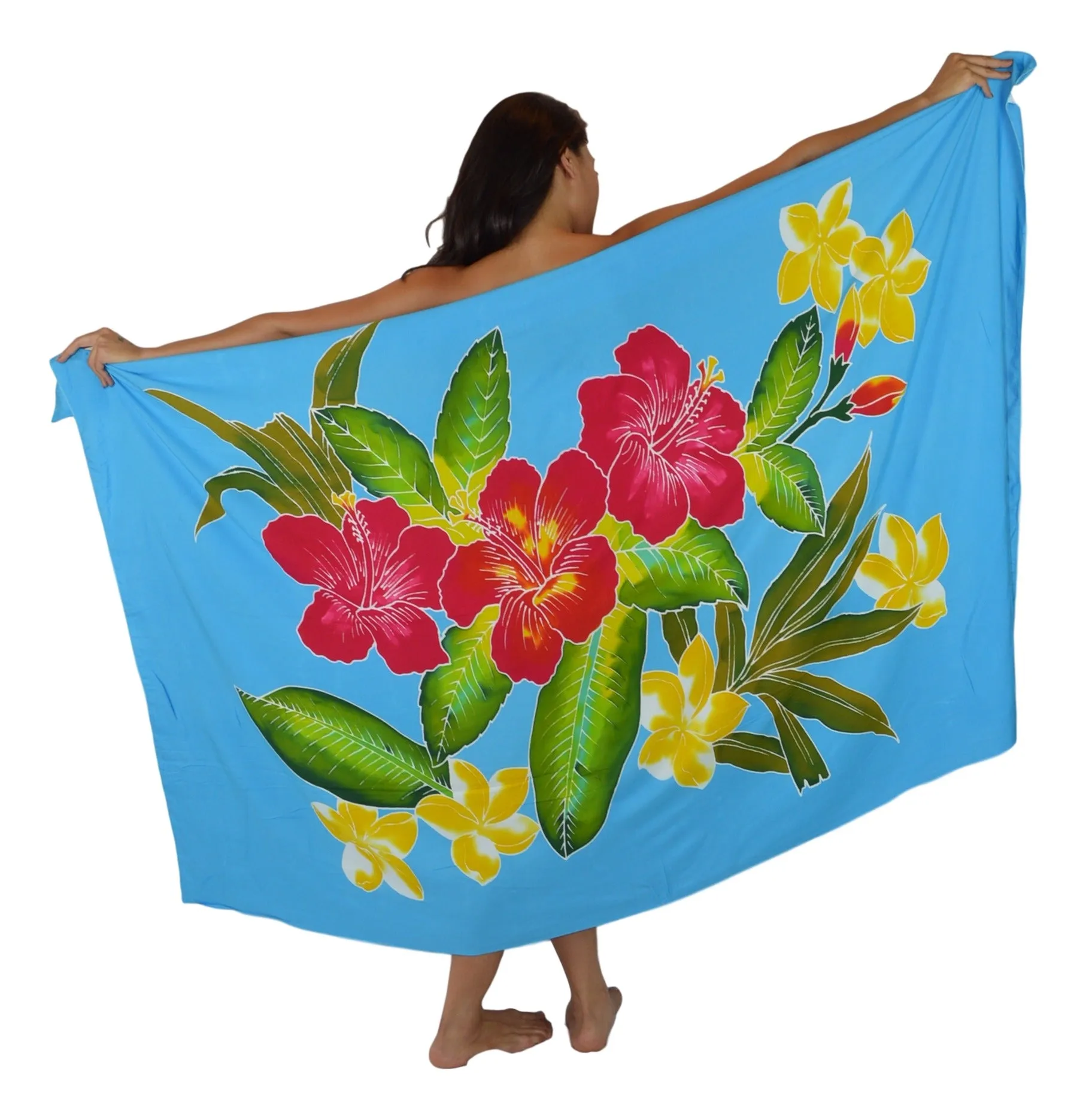 Island Style - Hand-Painted Batik Sarong - Full-Size (48" x 72") - Hibiscus - Turquoise
