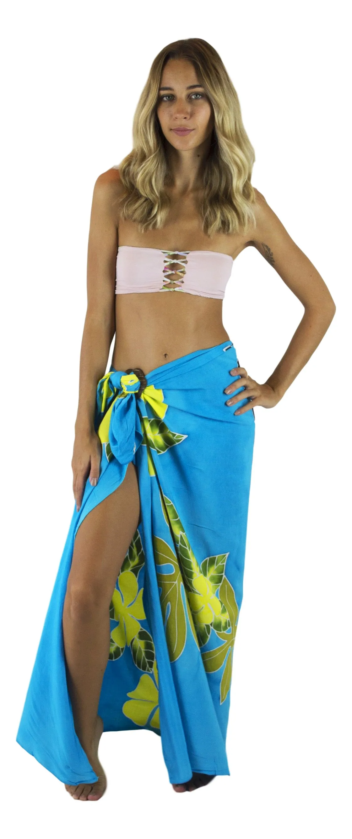 Island Style - Hand-Painted Batik Sarong - Full-Size (48" x 72") - Tahitian Plumeria - Turquoise