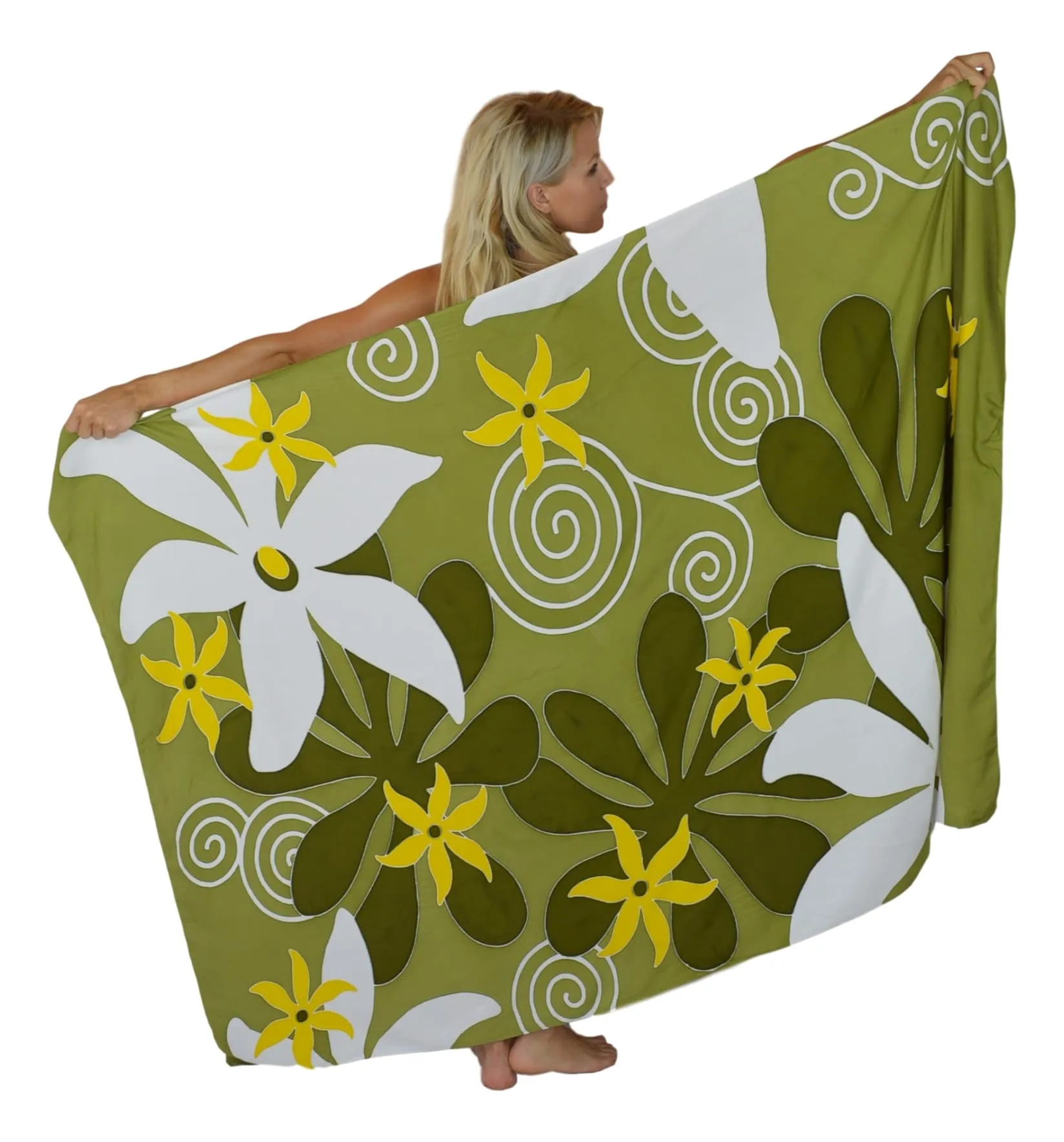 Island Style - Hand-Painted Batik Sarong - Full-Size (48" x 72") - Tiare Garden - Green