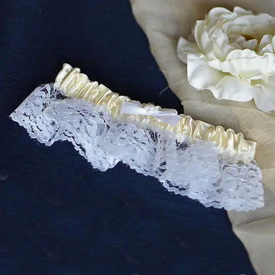 Ivory White Satin Garter with Pearls and Lace Wedding Bridal Accessories