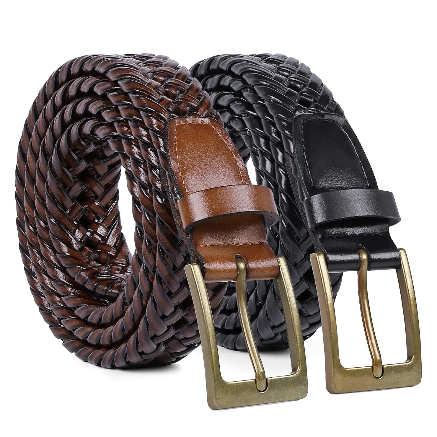 JASGOOD Men's Braided Leather Belt Braided Woven Belt for Men Casual Jeans with Solid Strap Single Prong Buckle