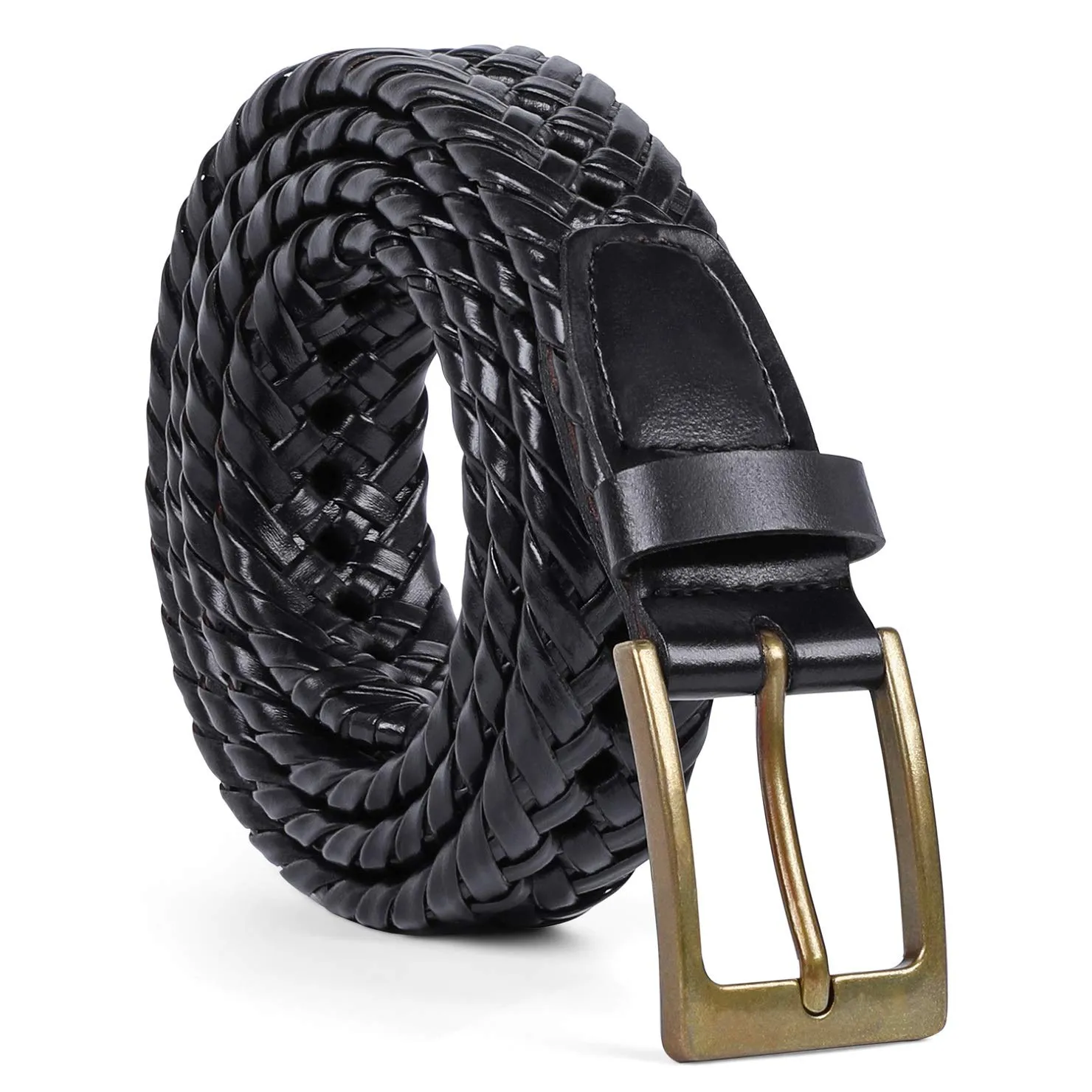 JASGOOD Men's Braided Leather Belt Braided Woven Belt for Men Casual Jeans with Solid Strap Single Prong Buckle