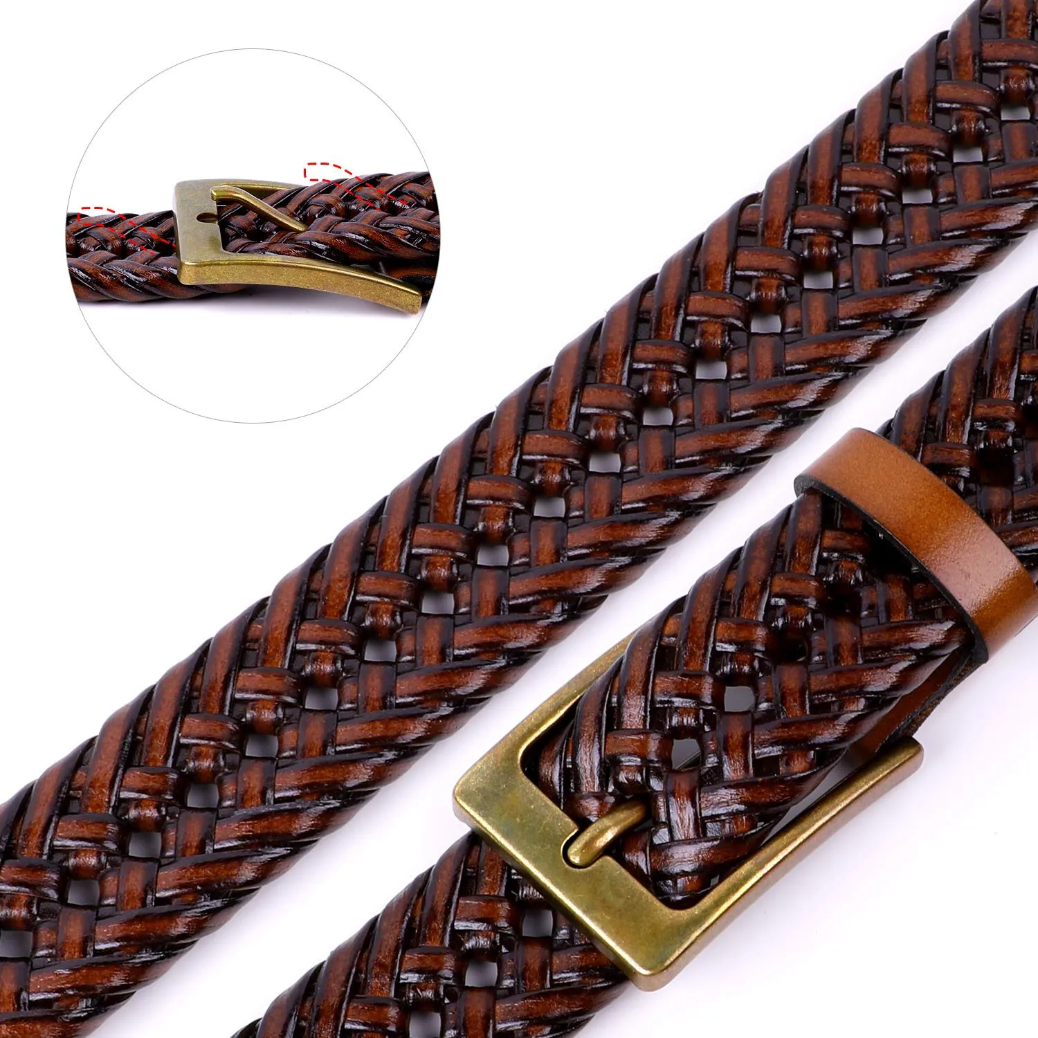 JASGOOD Men's Braided Leather Belt Braided Woven Belt for Men Casual Jeans with Solid Strap Single Prong Buckle