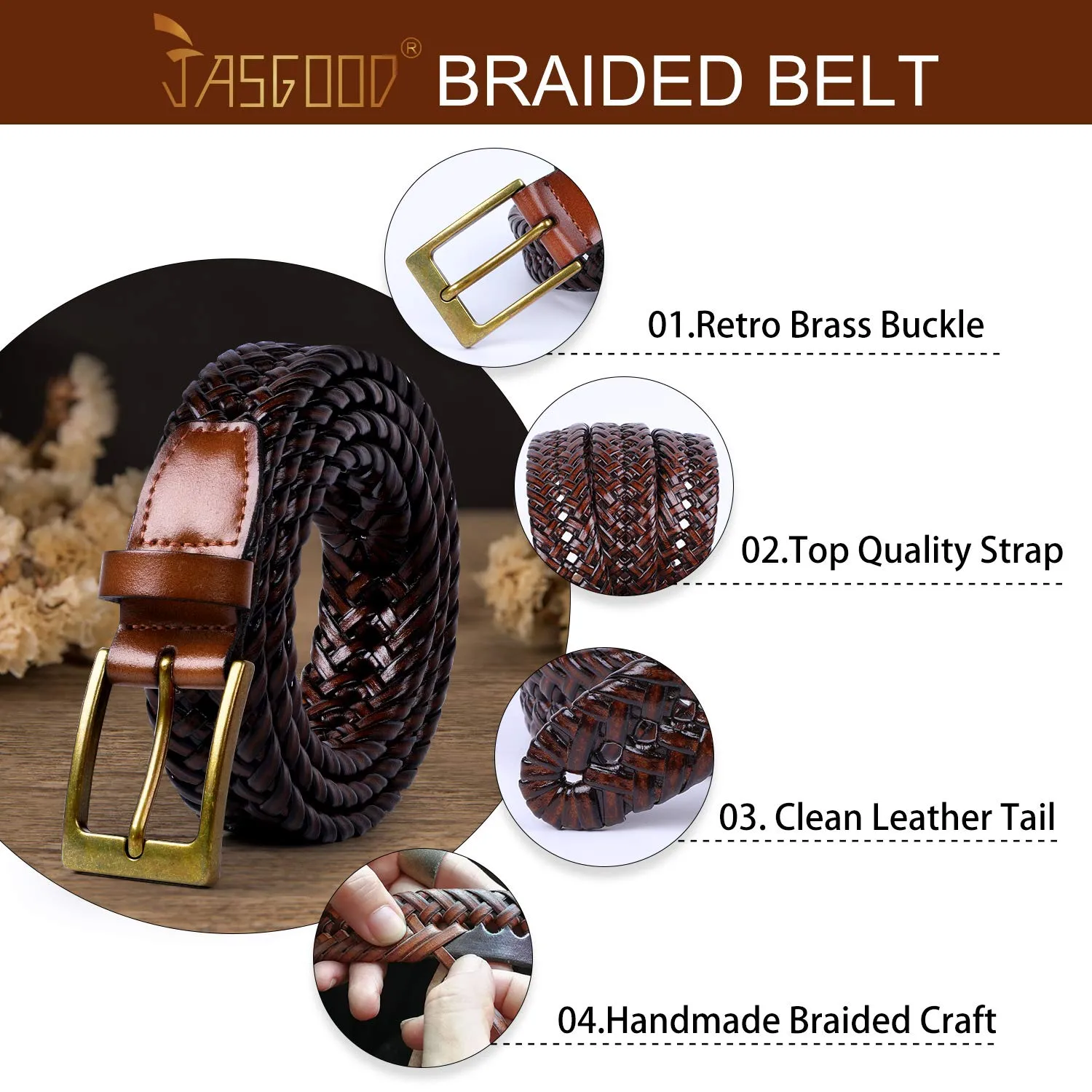 JASGOOD Men's Braided Leather Belt Braided Woven Belt for Men Casual Jeans with Solid Strap Single Prong Buckle