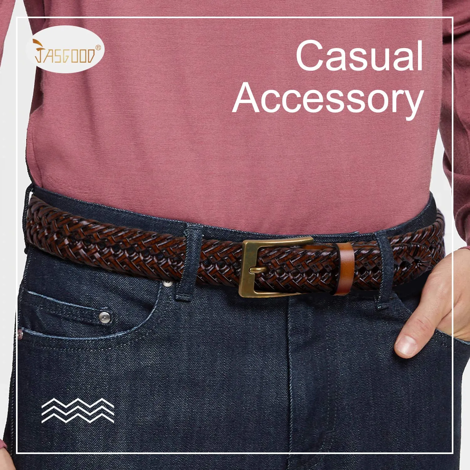 JASGOOD Men's Braided Leather Belt Braided Woven Belt for Men Casual Jeans with Solid Strap Single Prong Buckle