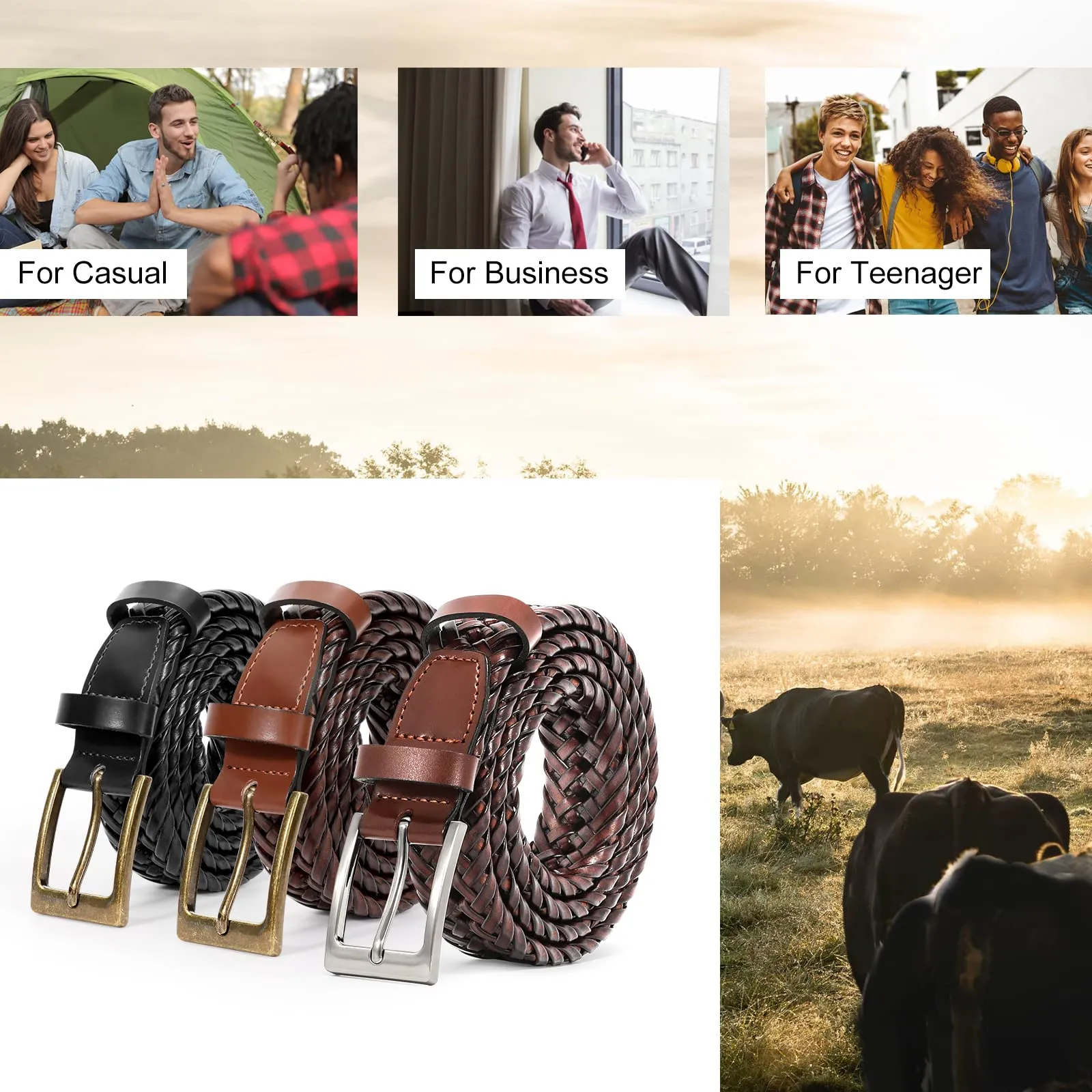 JASGOOD Men's Braided Leather Belt Braided Woven Belt for Men Casual Jeans with Solid Strap Single Prong Buckle