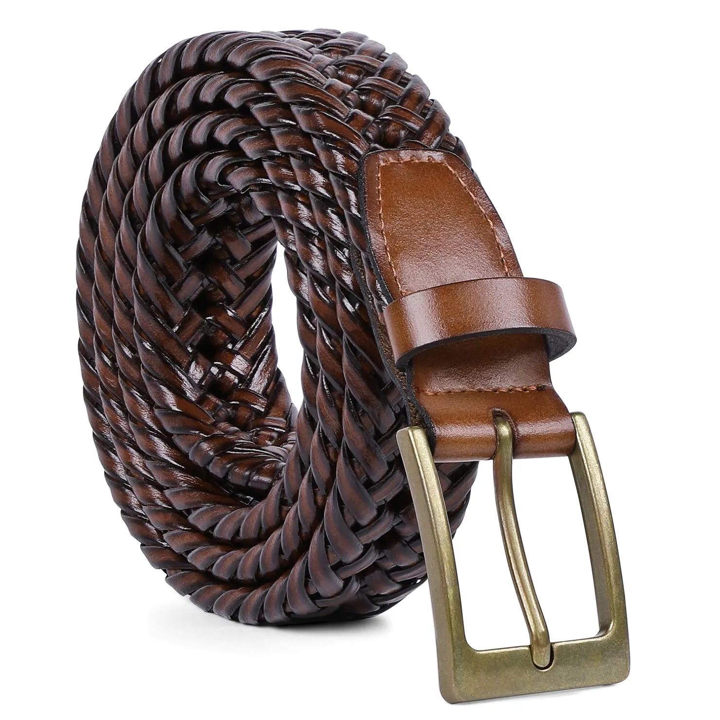 JASGOOD Men's Braided Leather Belt Braided Woven Belt for Men Casual Jeans with Solid Strap Single Prong Buckle