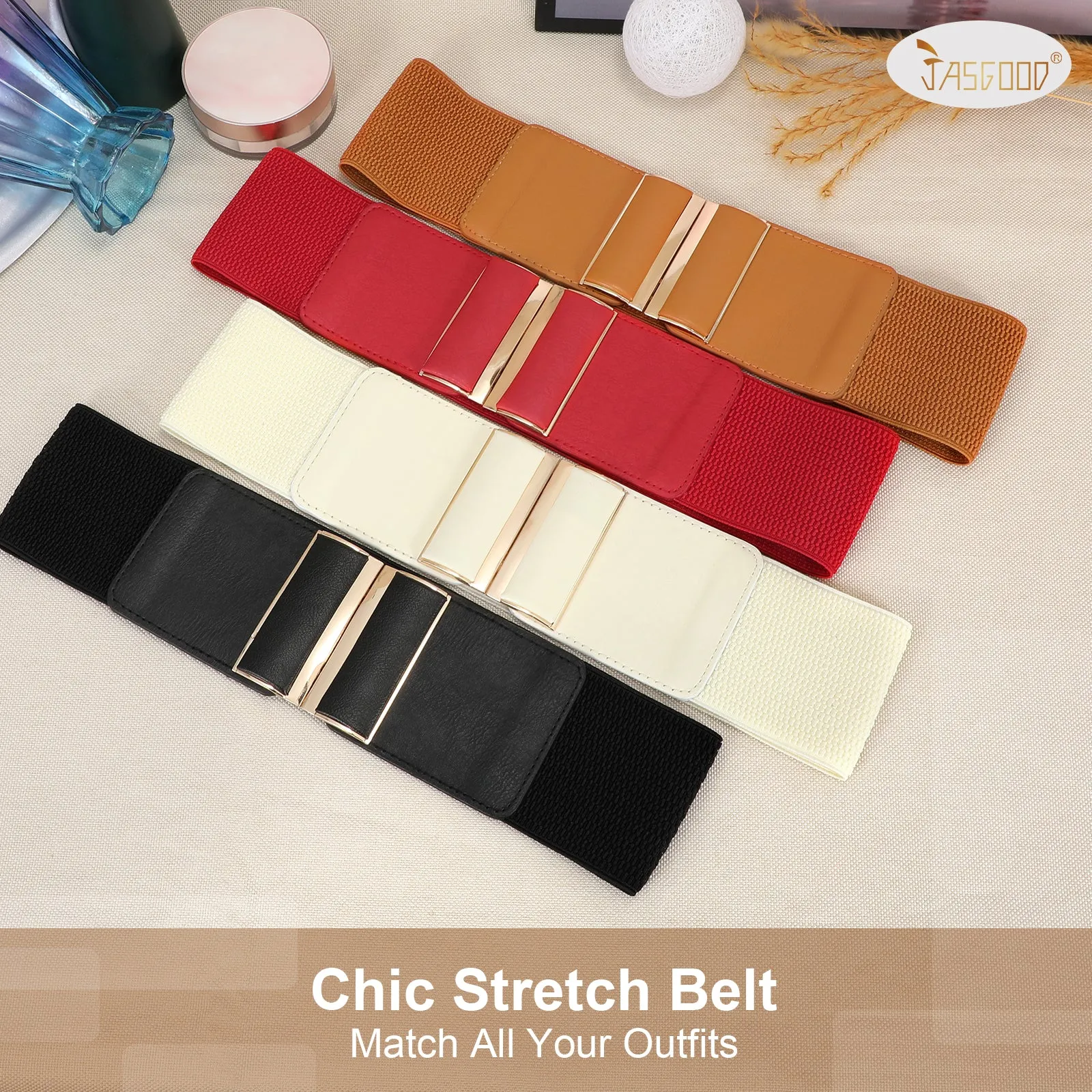 JASGOOD Wide Elastic Stretch Waist Belts for Women Vintage Cinch Dress Belts