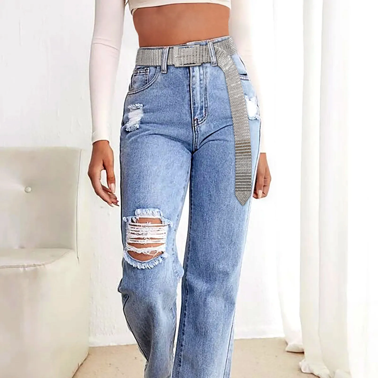 JASGOOD Women Crystal Rhinestone Shiny Waist Belt Sparkle Waistband Waist Chain for Party Club,A-Silver,Suit for Pants Size Below 41 Inches