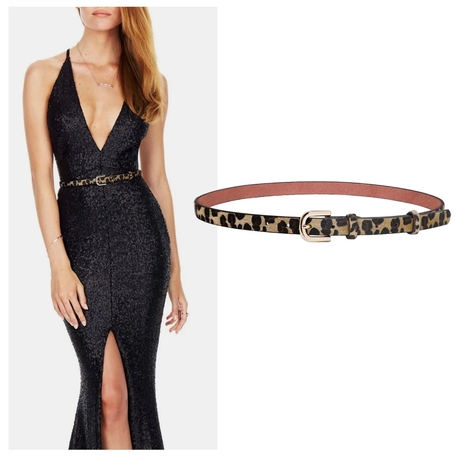 JASGOOD Women Leopard Skinny Belt Animal Print Belt for Ladies Jeans Dress Waist Belt with Alloy Buckle 0.79 Wide