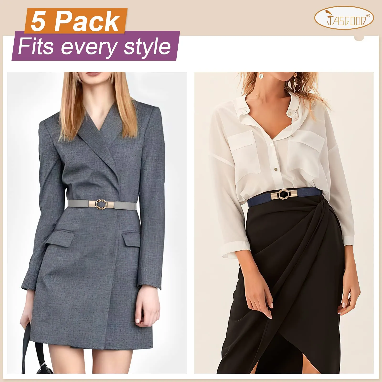 JASGOOD Women Retro Elastic Stretchy Skinny Waist Belt with Metal Gold Buckle