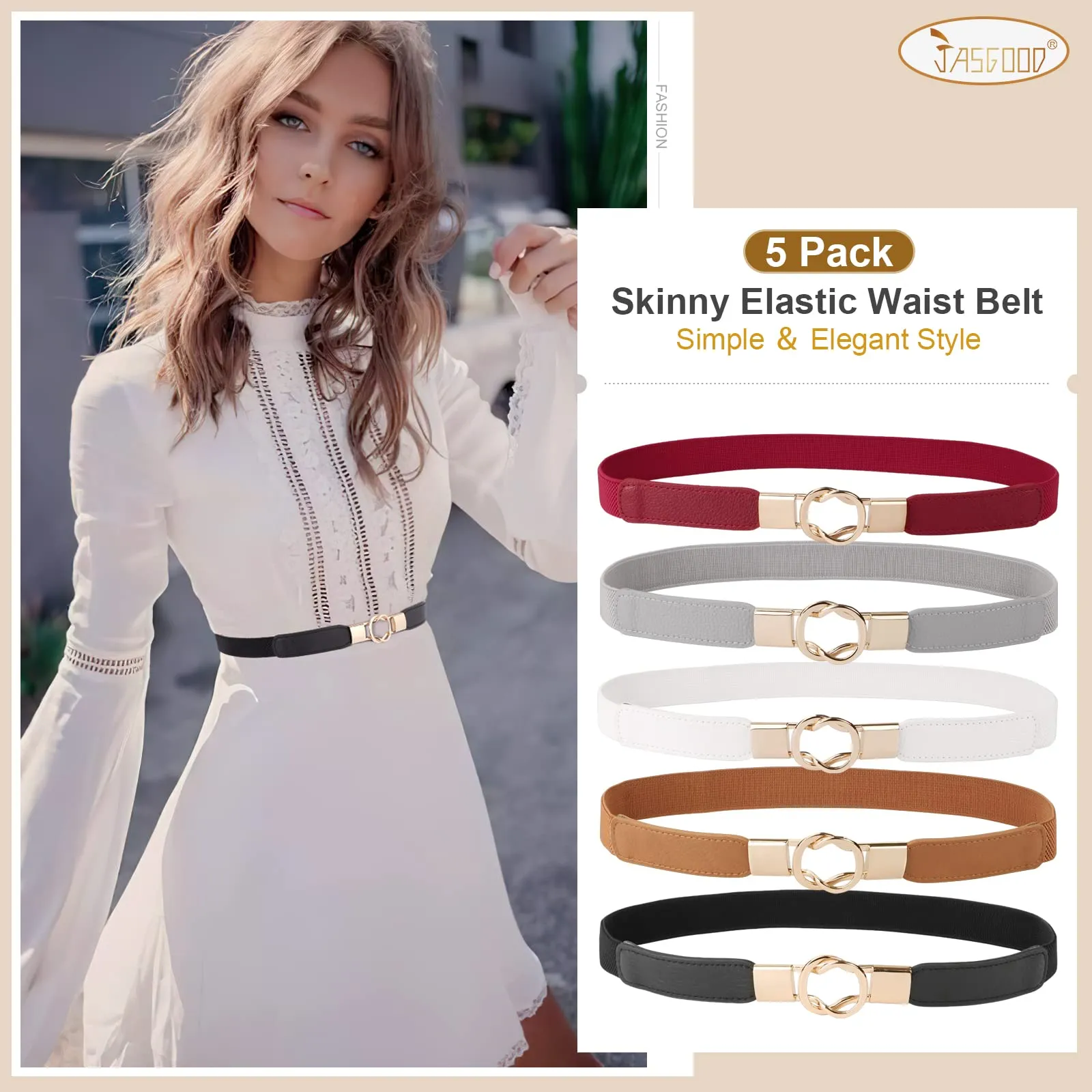 JASGOOD Women Retro Elastic Stretchy Skinny Waist Belt with Metal Gold Buckle